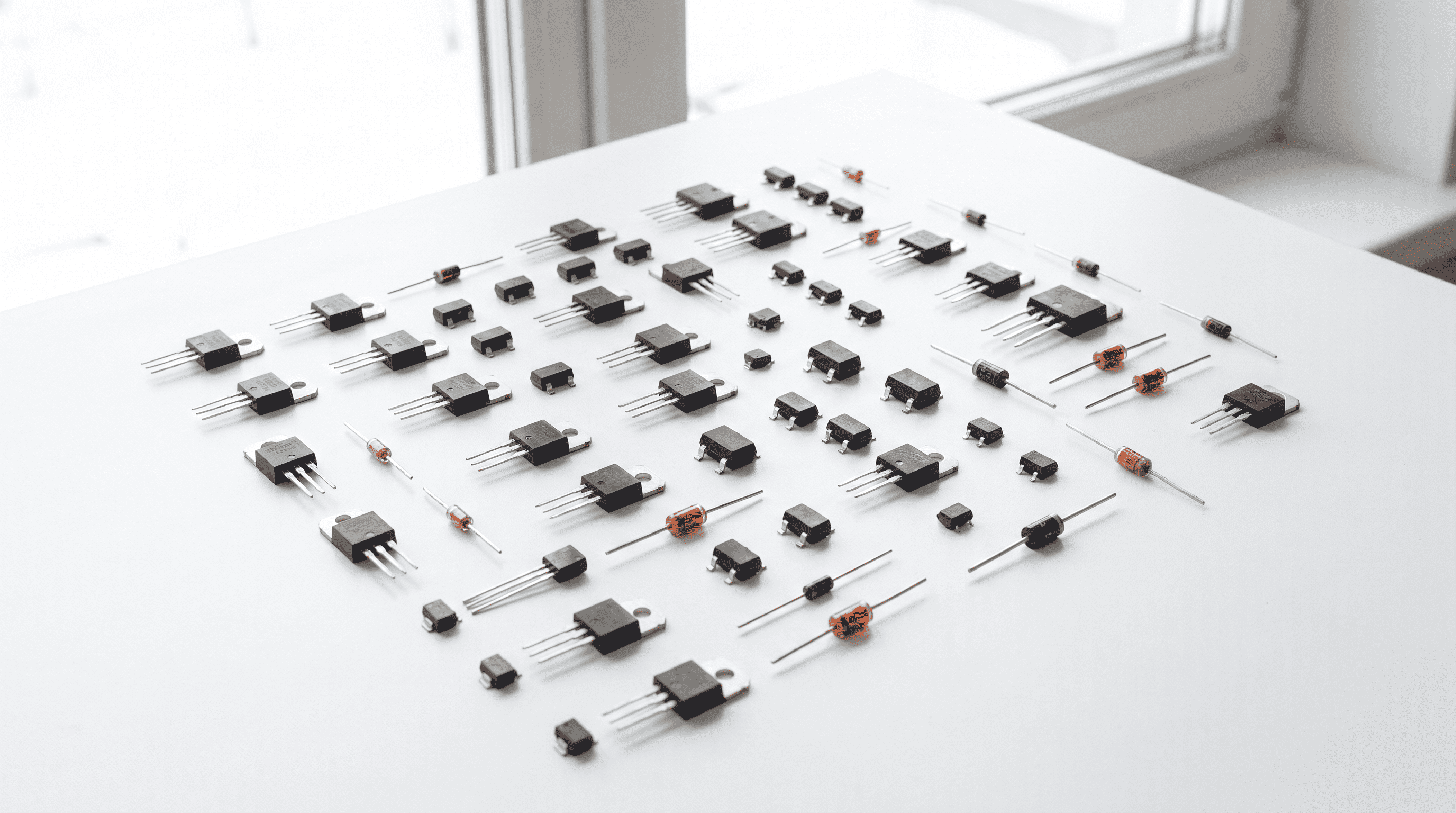 Assorted MOSFETs, transistors and diodes in TO-220 and SOT-23 packages