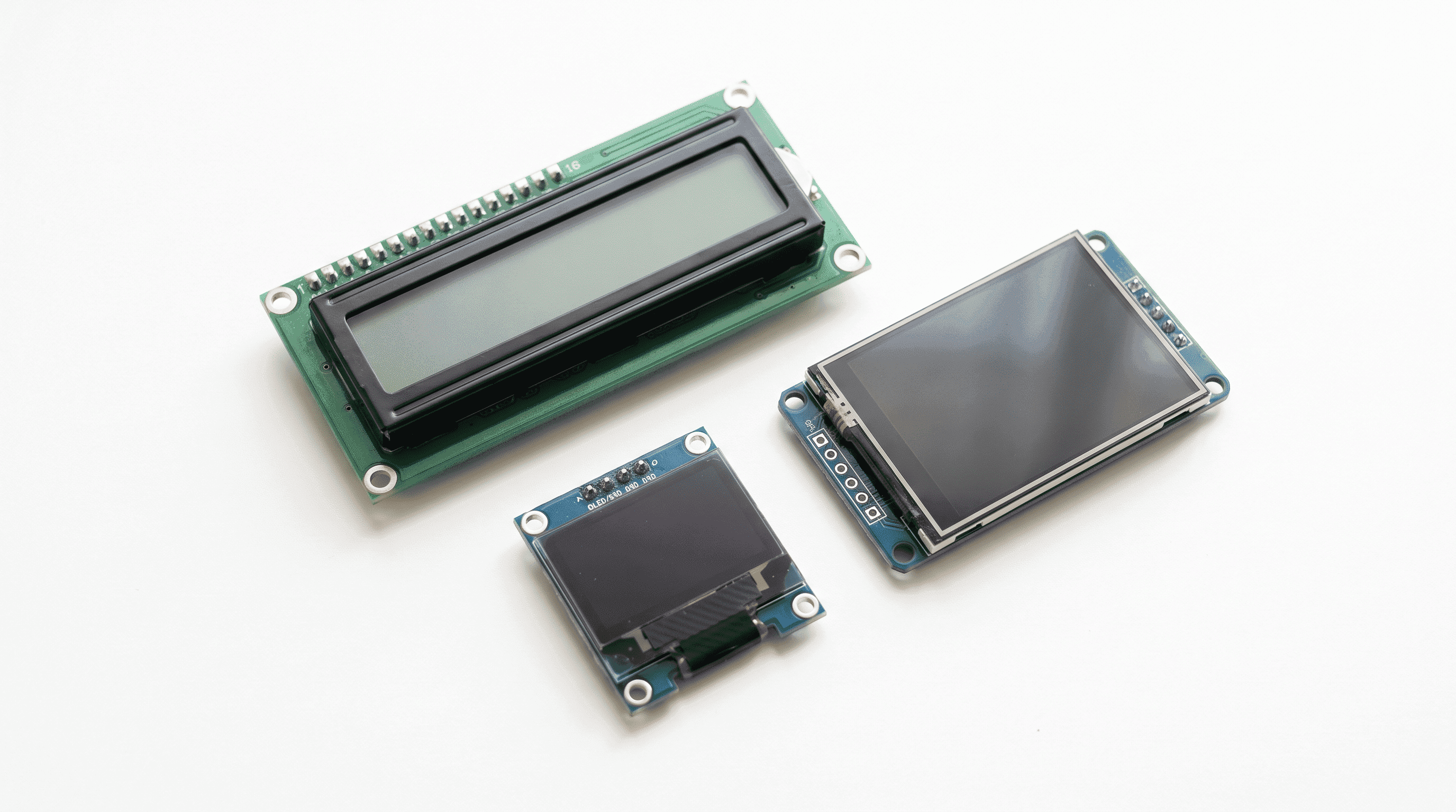 Character LCD and small OLED/TFT display modules on a light surface