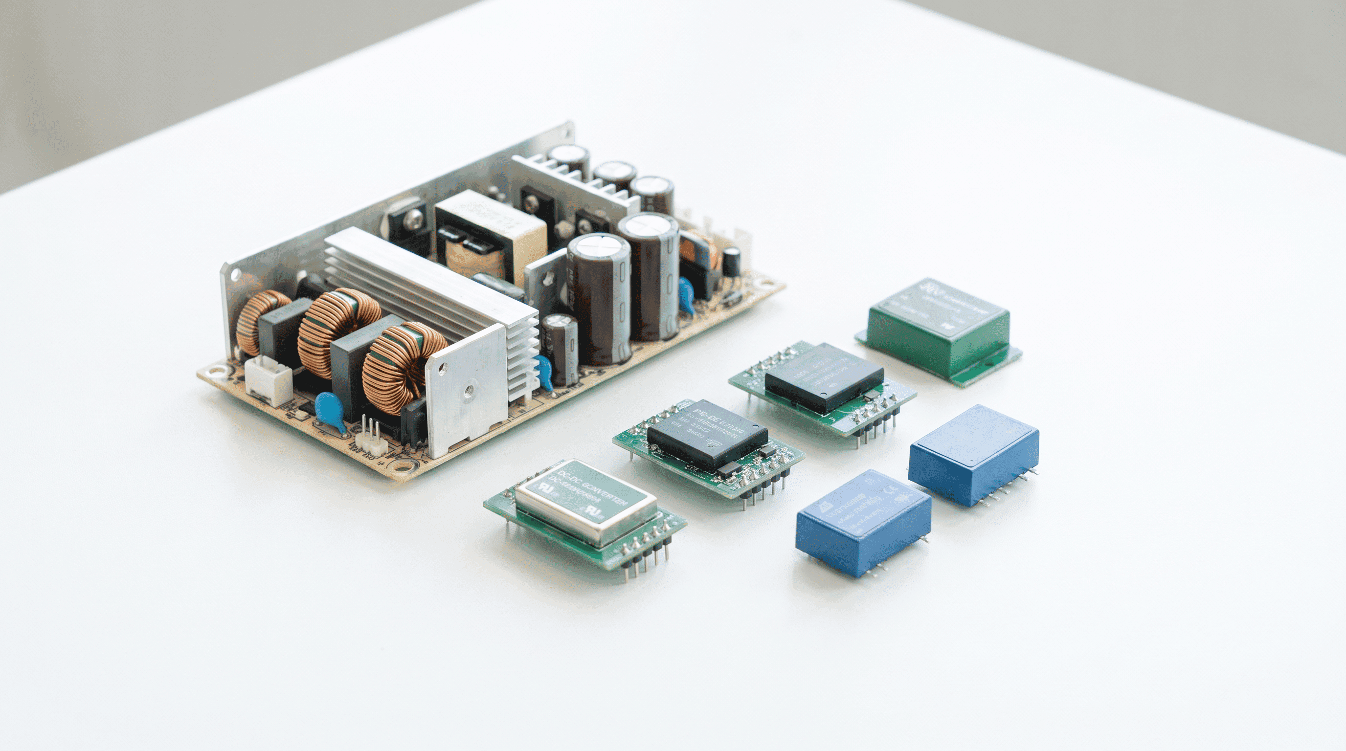 Open-frame SMPS unit and DC-DC converter modules on a light surface