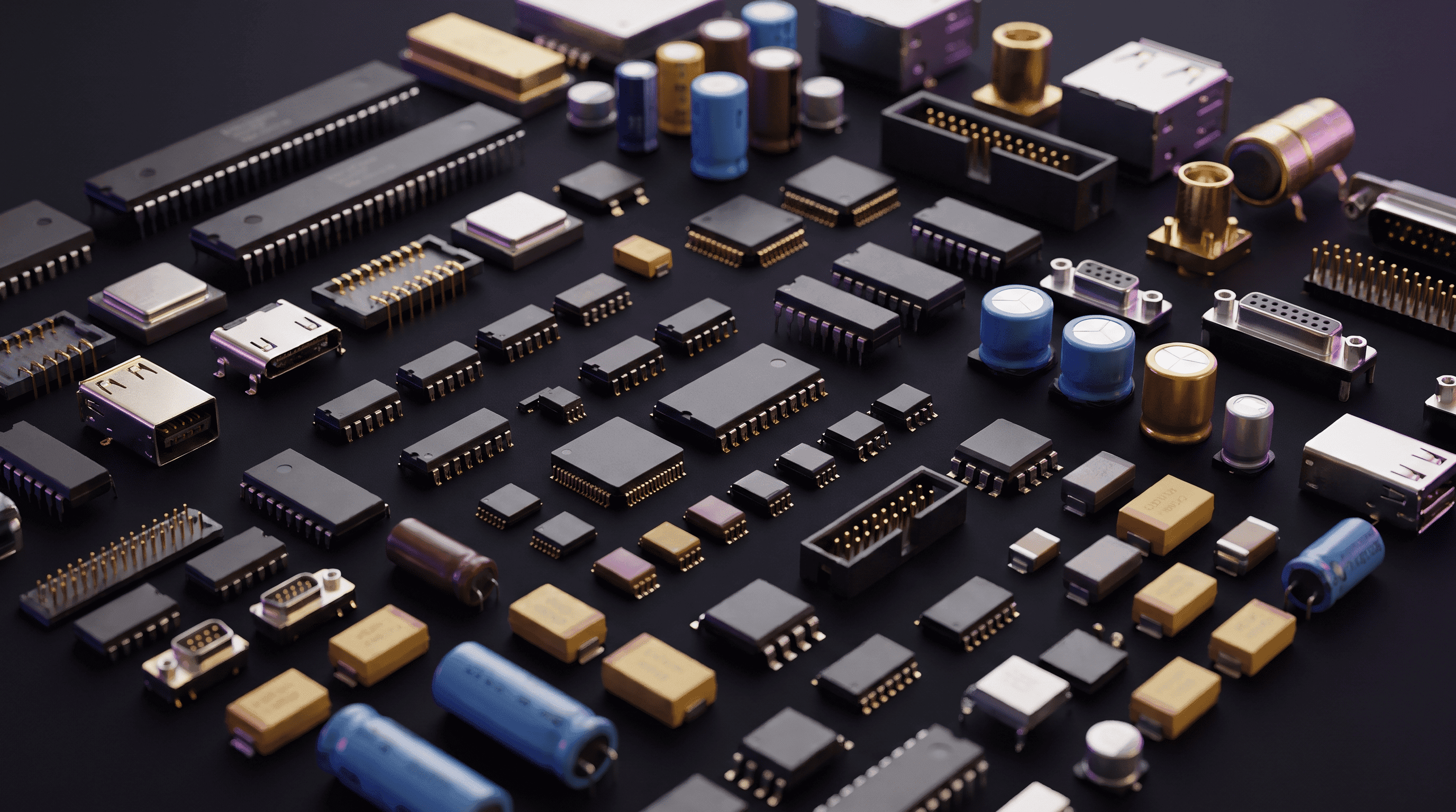 Assorted electronic components including ICs, connectors, and capacitors on a dark surface