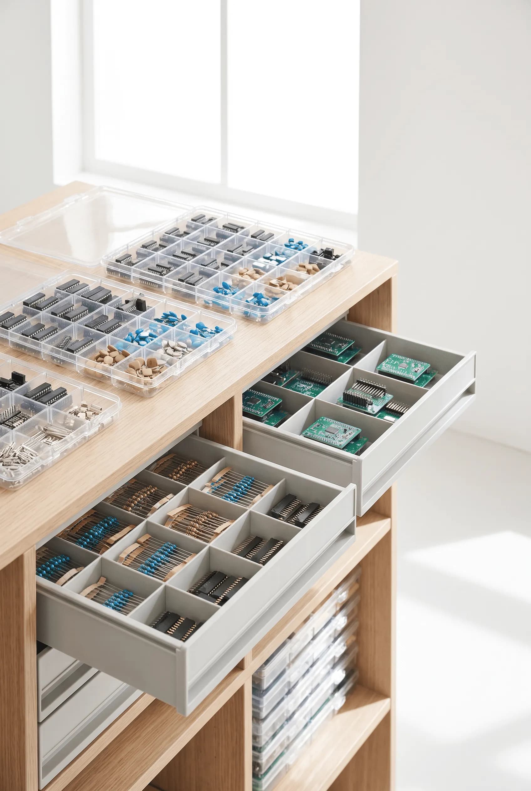Trays of integrated-circuit chips and labeled drawers of surface-mount components organized in a parts stockroom