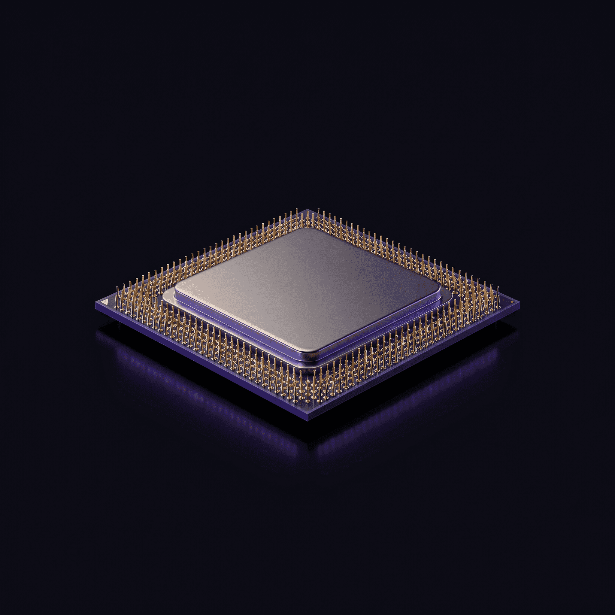Semiconductor processor chip with gold pins on a dark surface with purple accent lighting