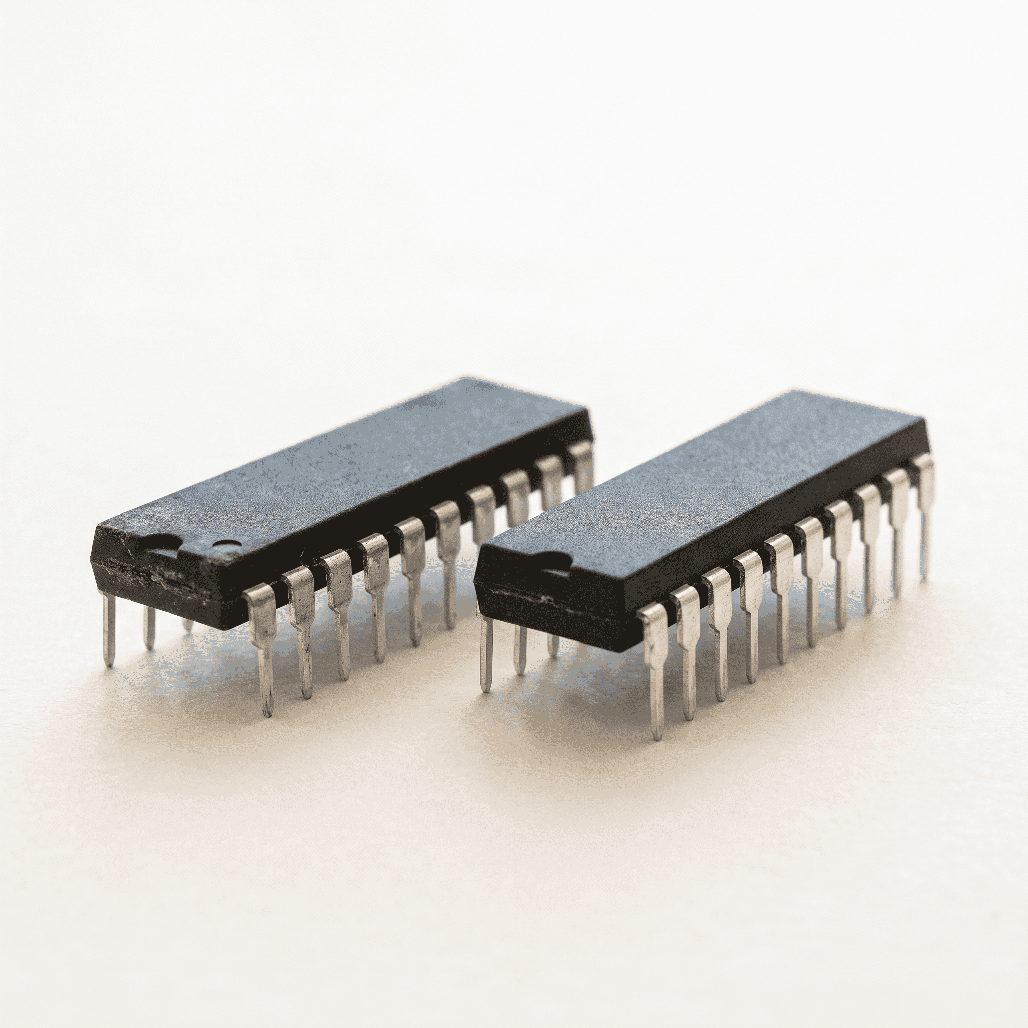 Two similar integrated-circuit chips side by side, an original part and an alternate
