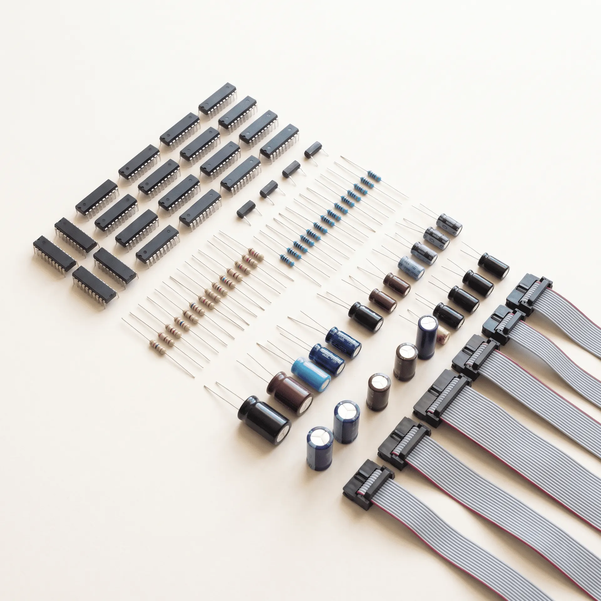 Orderly flat-lay of assorted electronic components arranged in rows