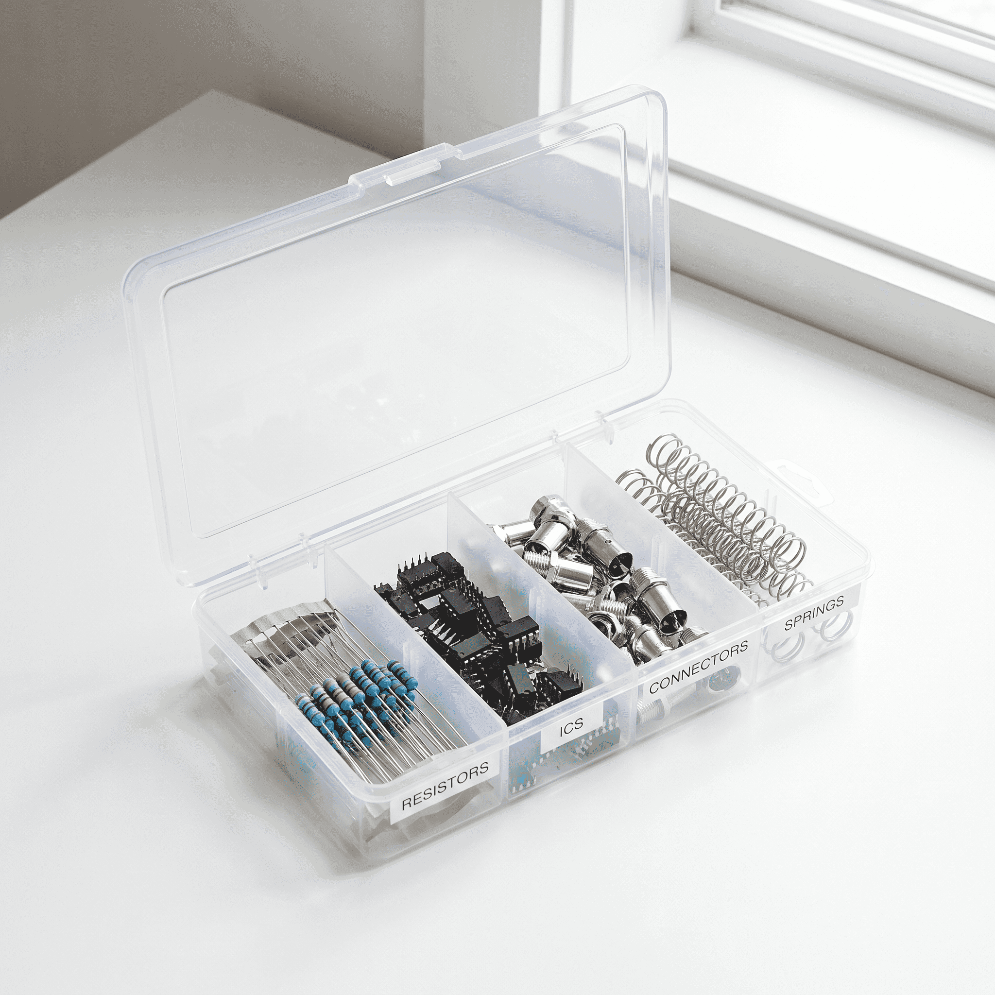 Open case of sorted electronic components in labeled compartments