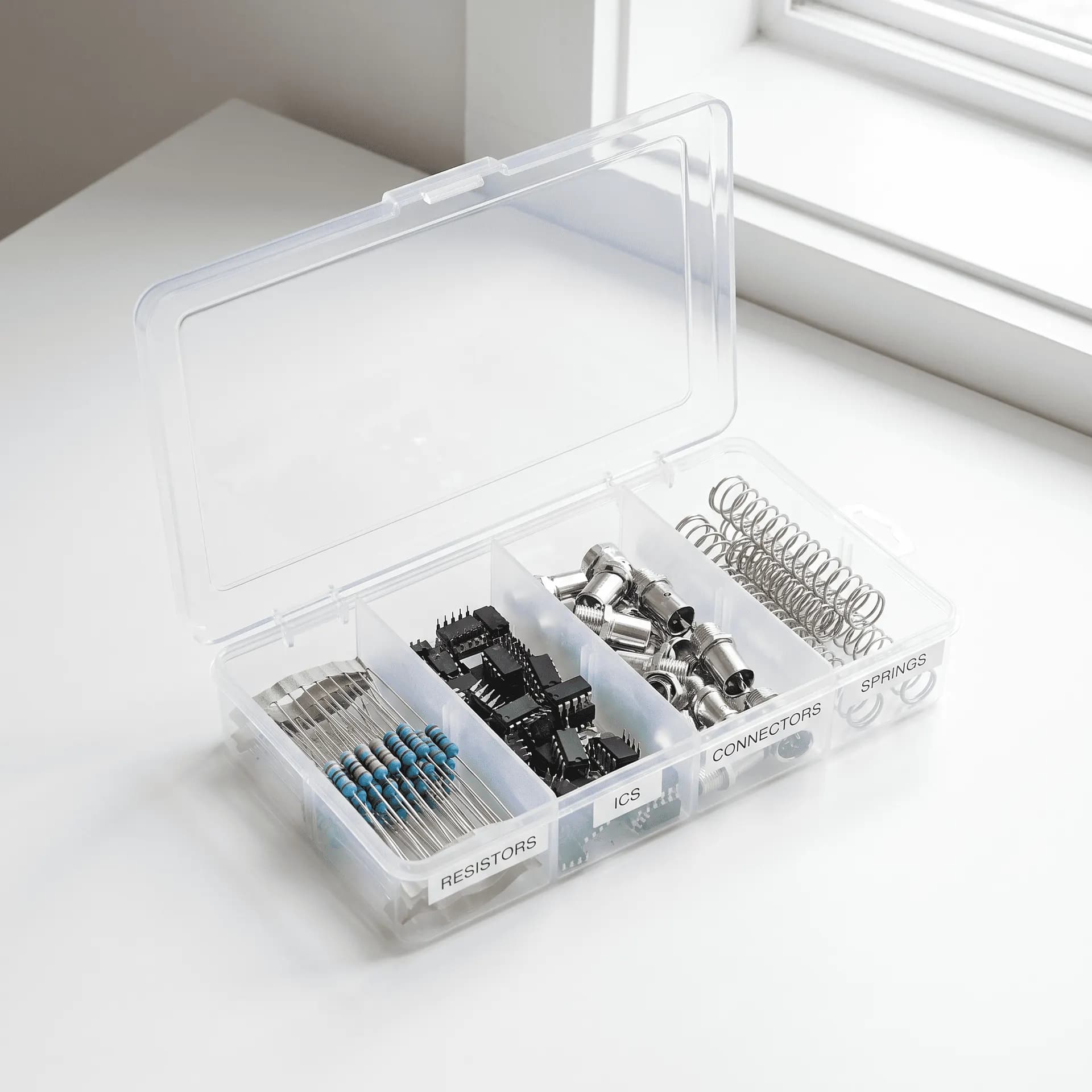 Open case of sorted electronic components in labeled compartments