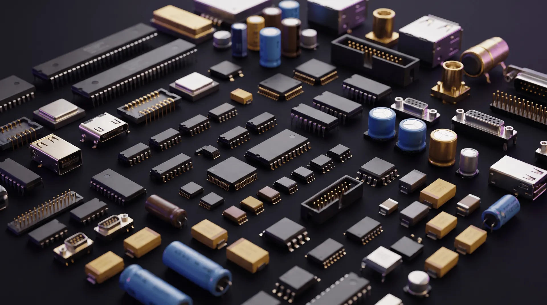 Assorted electronic components including ICs, connectors, and capacitors on a dark surface