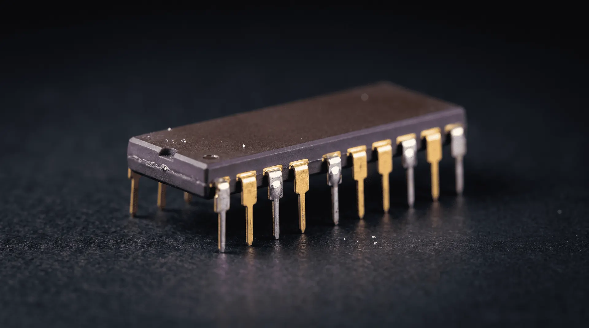 A vintage ceramic DIP integrated circuit on a dark surface